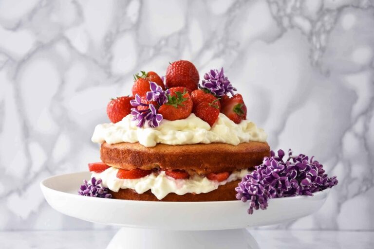 My almond and maple cake with strawberries and mascarpone cream