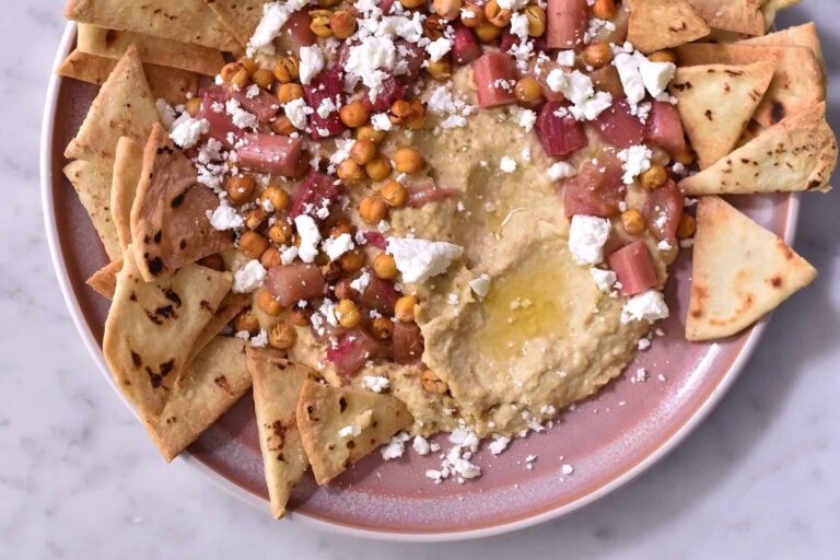 My roasted rhubarb with hummus, feta and homemade tortilla chips