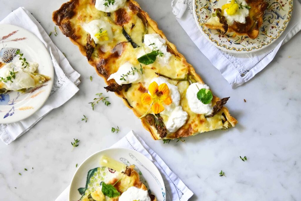 My spring vegetable tart loaded with burrata and flowers