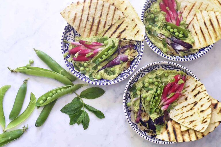 My pea and mint hummus and seasonal vegetables