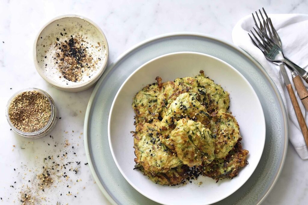 My courgette fritters with za’atar cream dip