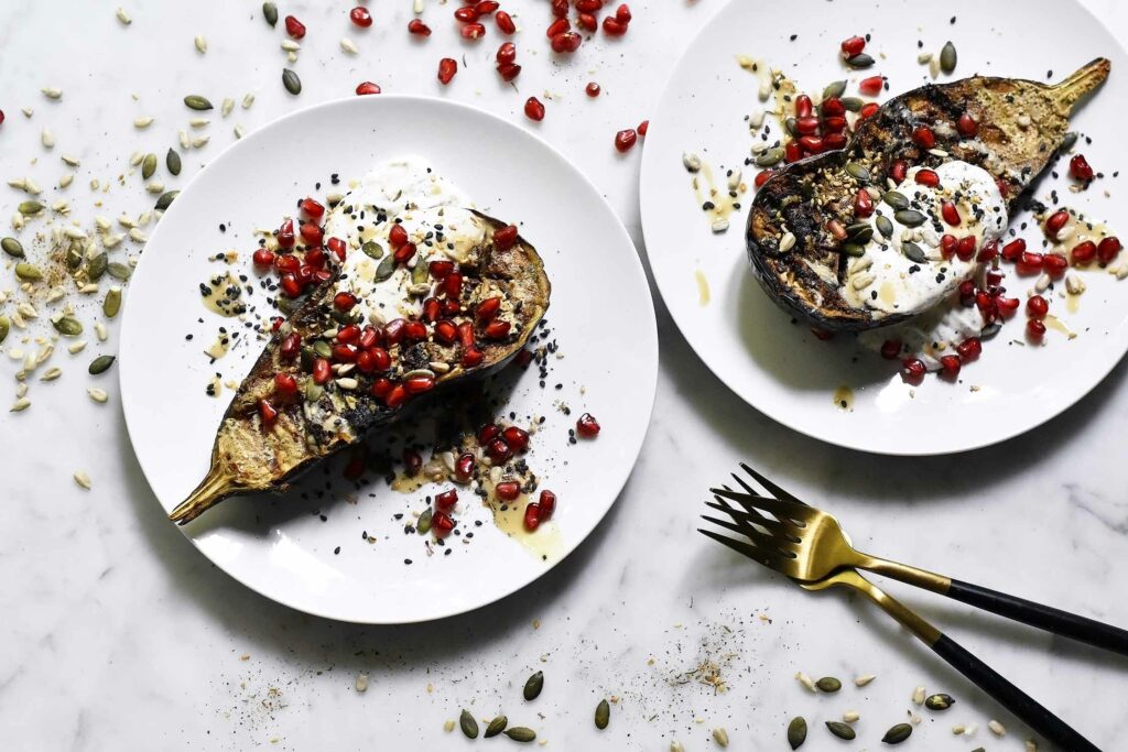My roasted aubergine with tahini sour cream and pomegranate