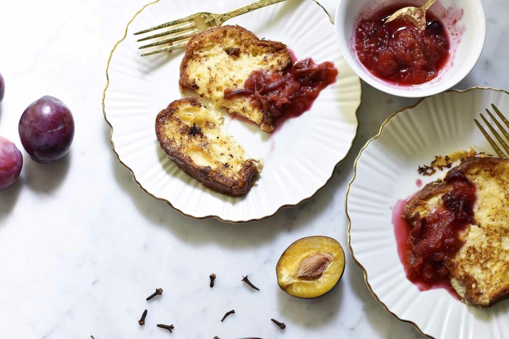 My French brioche toast with cloves and plum stew