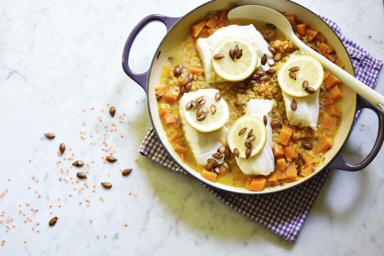 My pumpkin, orange lentils and steamed cod one-pan dinner