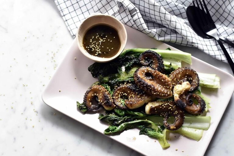My miso lacquered octopus with wilted bok choy