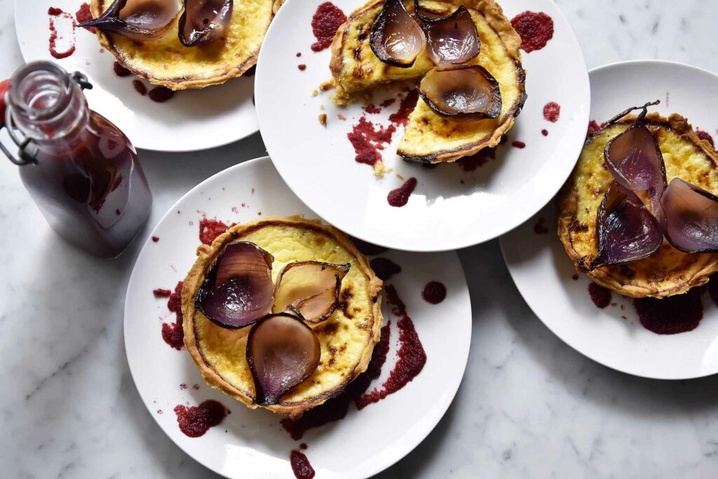 My onion and parmesan custard tartelette with pomegranate, beetroot ketchup